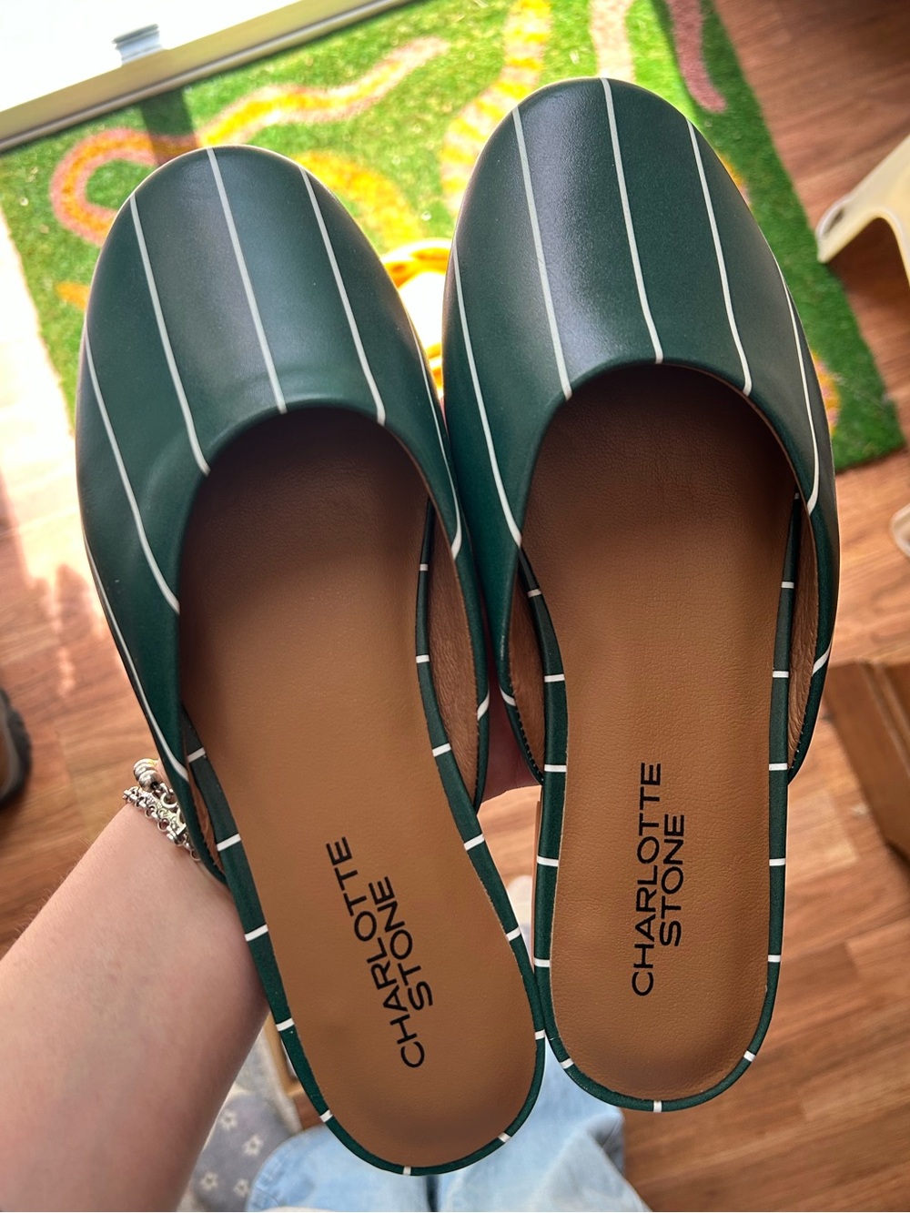 NEW - Charlotte Stone Prim Slides in Ivy- Green and White Stripe Mules Size 9